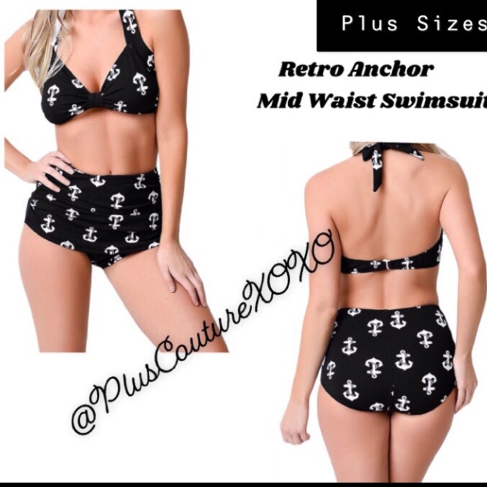 Retro Black Anchor Mid Waist  Swimsuit